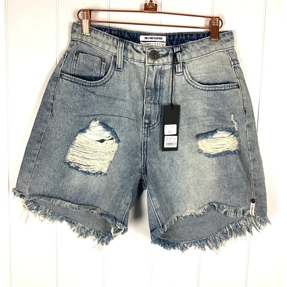 One x One‎ Teaspoon High Waist Mom Fit Intentionally Distressed Denim Shorts 25